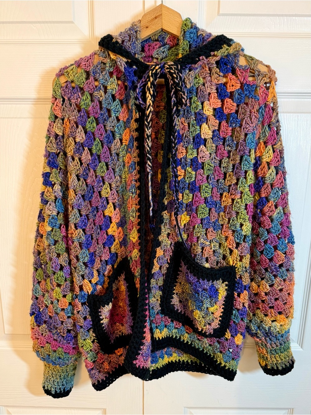 Handmade Multicolor Crochet Hooded Hexagon Cardigan with Black Trim - Picture 2 of 7